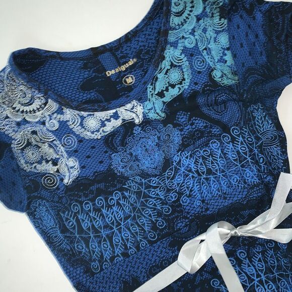 PRE-OWNED DESIGUAL DRESS blue black navy white paisley print SUPER CUTE! - Picture 4 of 6